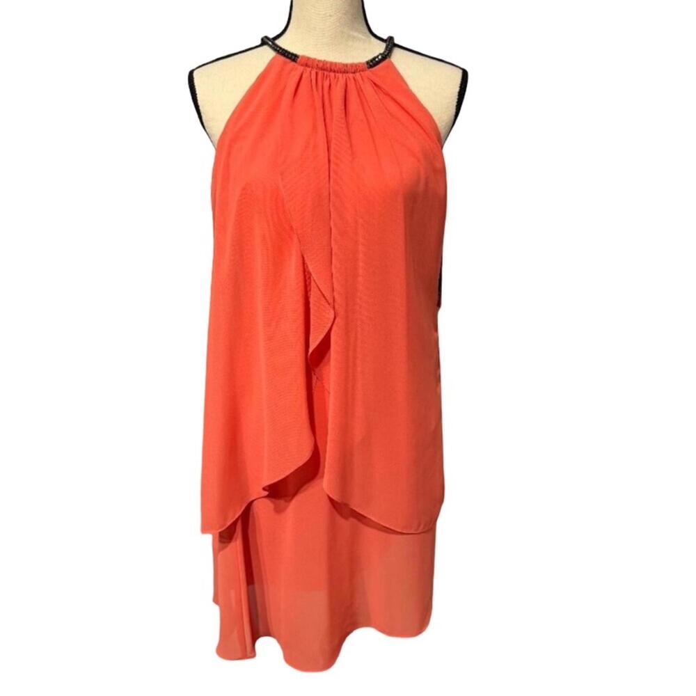 NWT SLNY Orange Halter Style Beaded Collar Layered Knee Length Dress Size 6